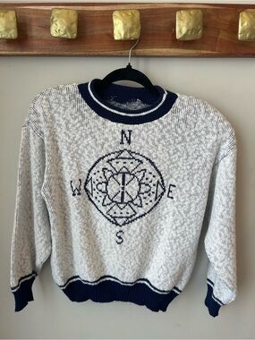 Vintage Nautical Compass Knit Sweater Wool Blend Coastal Grandpa Core